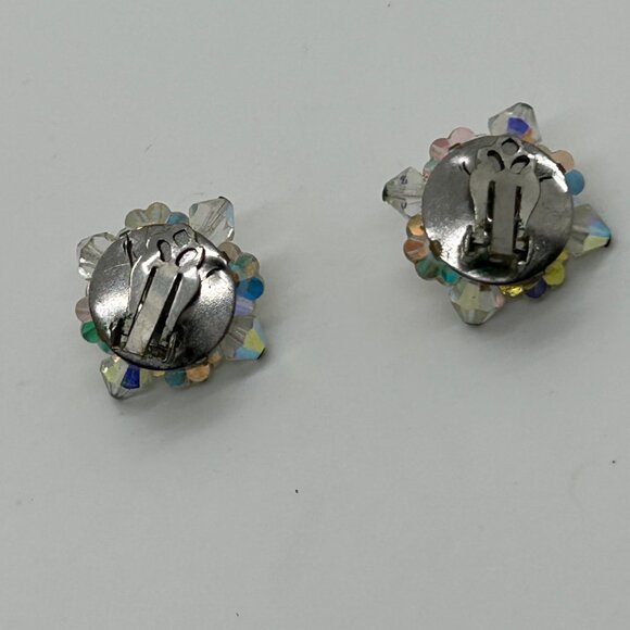 Vintage Aurora Borealis Earrings Crystal Flower Cluster Clip-On 1950-1960s - Picture 9 of 14